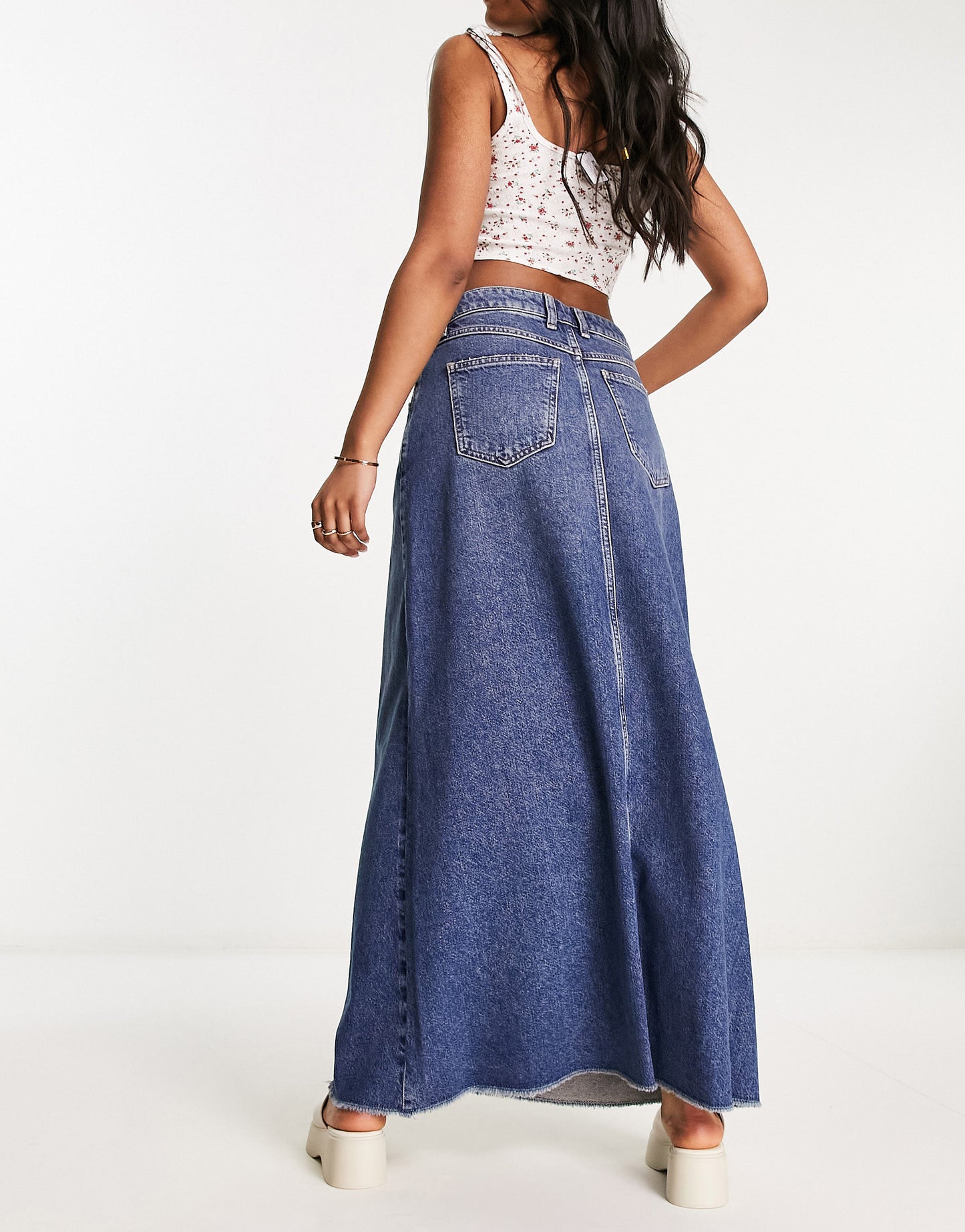 Free People denim maxi skirt in dark indigo