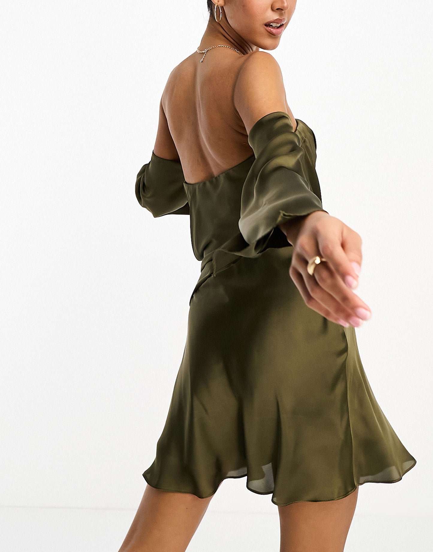 ASOS DESIGN satin draped bandeau mini skater dress in khaki