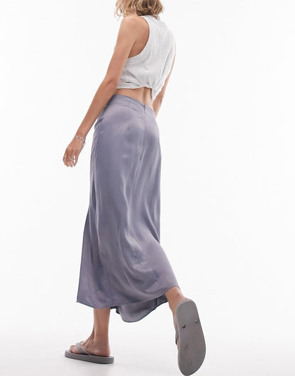 Topshop Petite satin tuck detail midi skirt in airforce blue