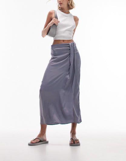 Topshop Petite satin tuck detail midi skirt in airforce blue