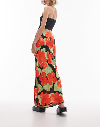 Topshop Petite printed side split maxi skirt in red