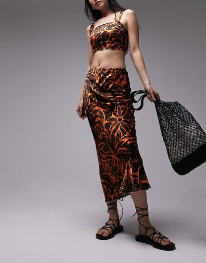 Topshop co-ord tropical print maxi skirt in orange