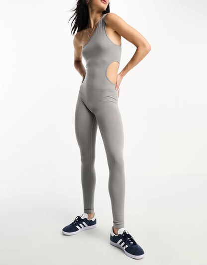 Bershka asymetric cut out unitard in light grey