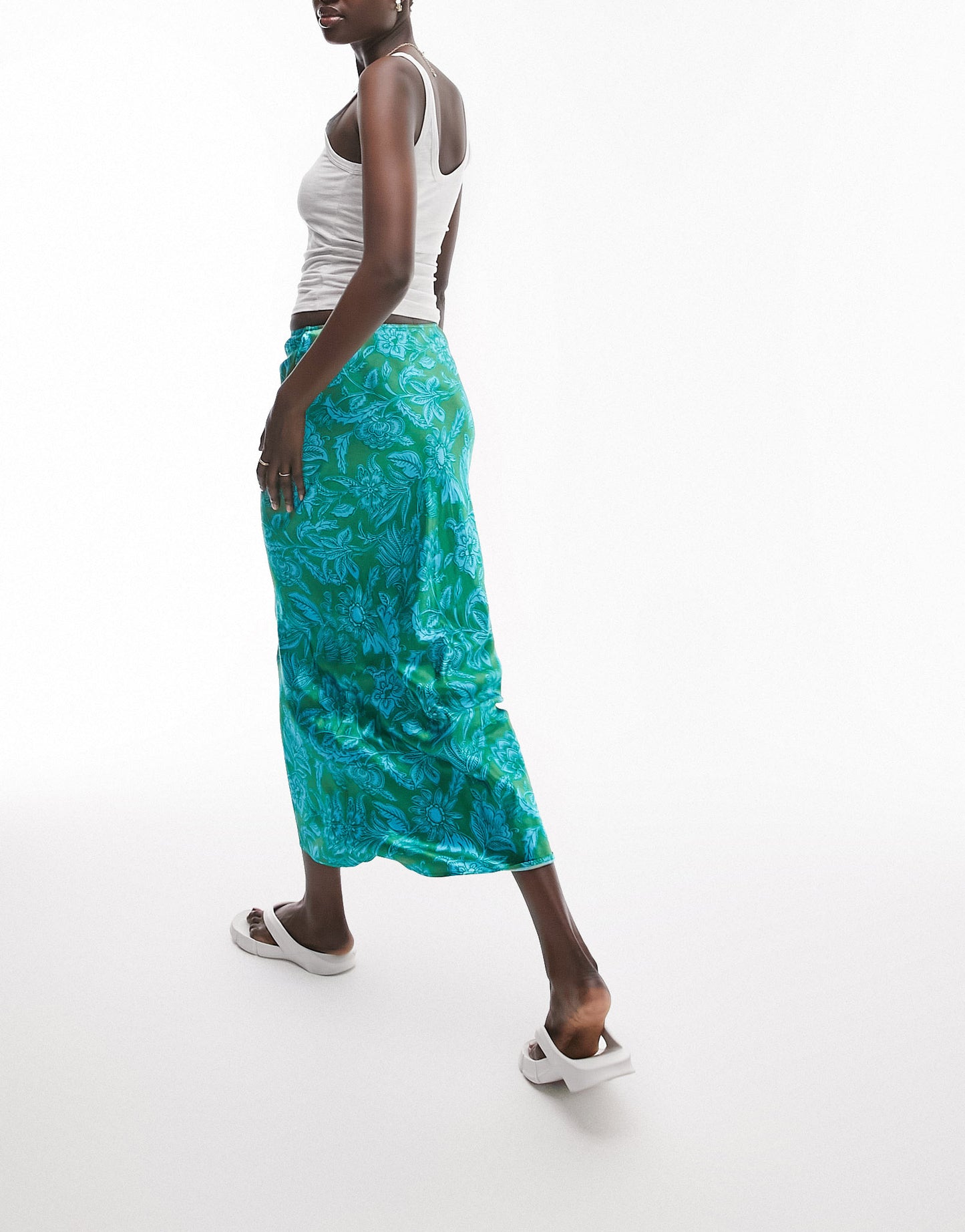 Topshop Tall flower printed bias midi skirt in green