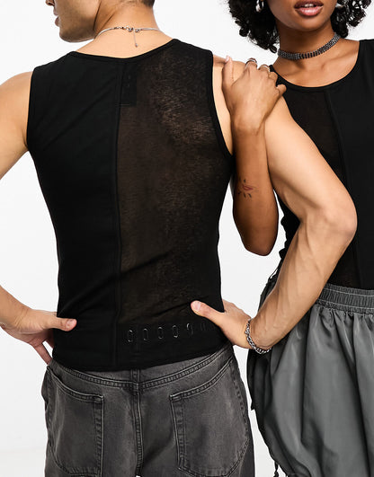 COLLUSION Unisex cotton mesh mix vest in black