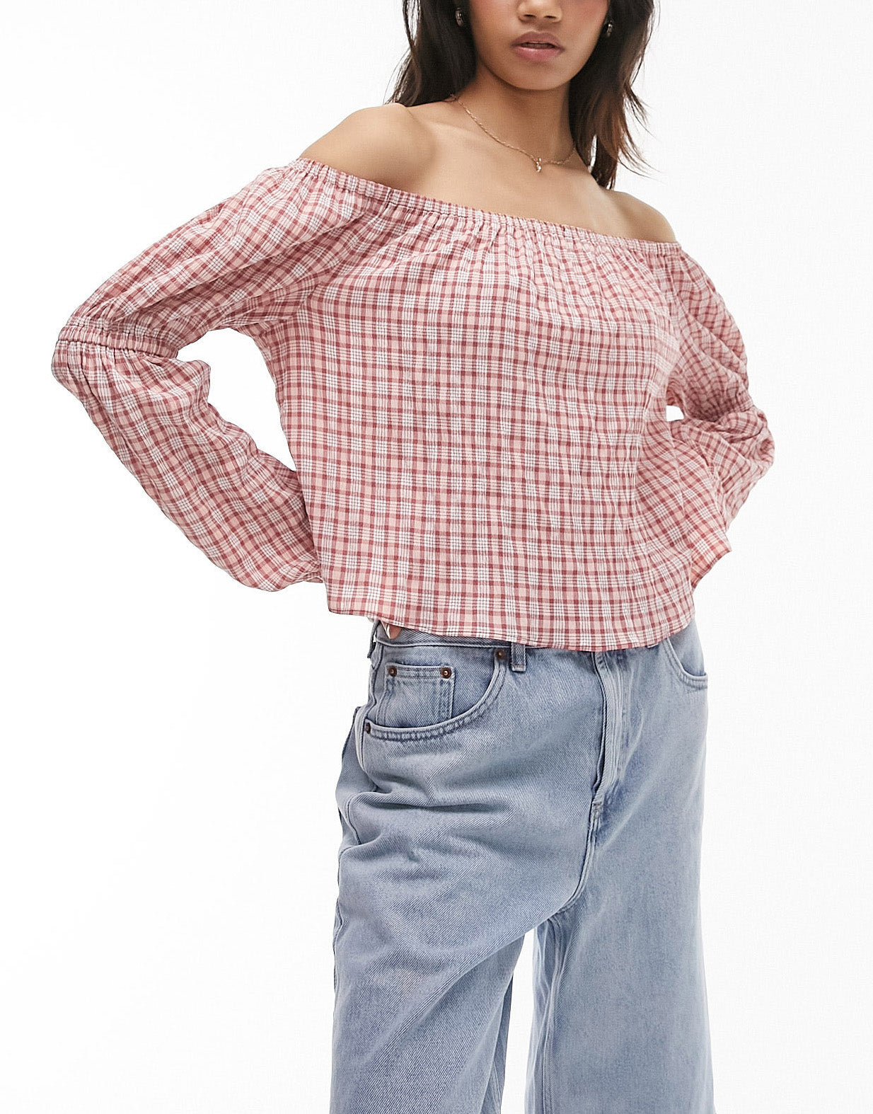 Topshop check bardot top in pink