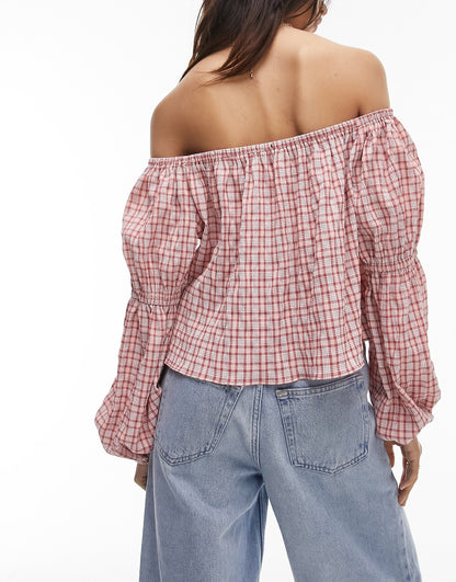 Topshop check bardot top in pink