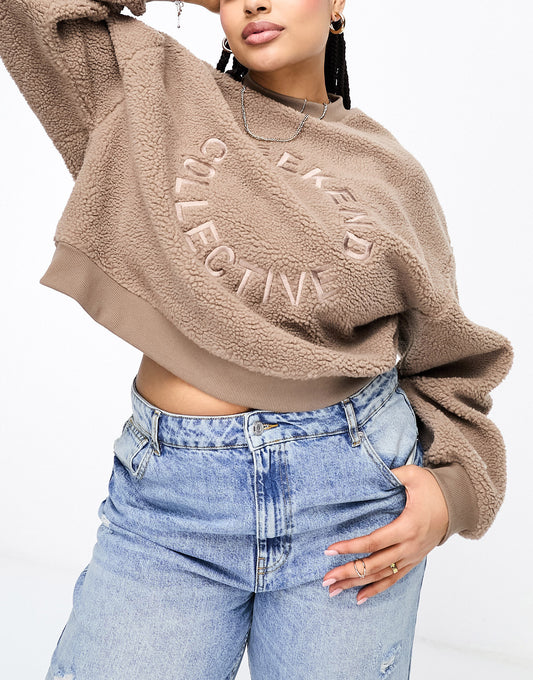 ASOS DESIGN Curve Weekend Collective oversized borg sweatshirt with embroidered logo in taupe