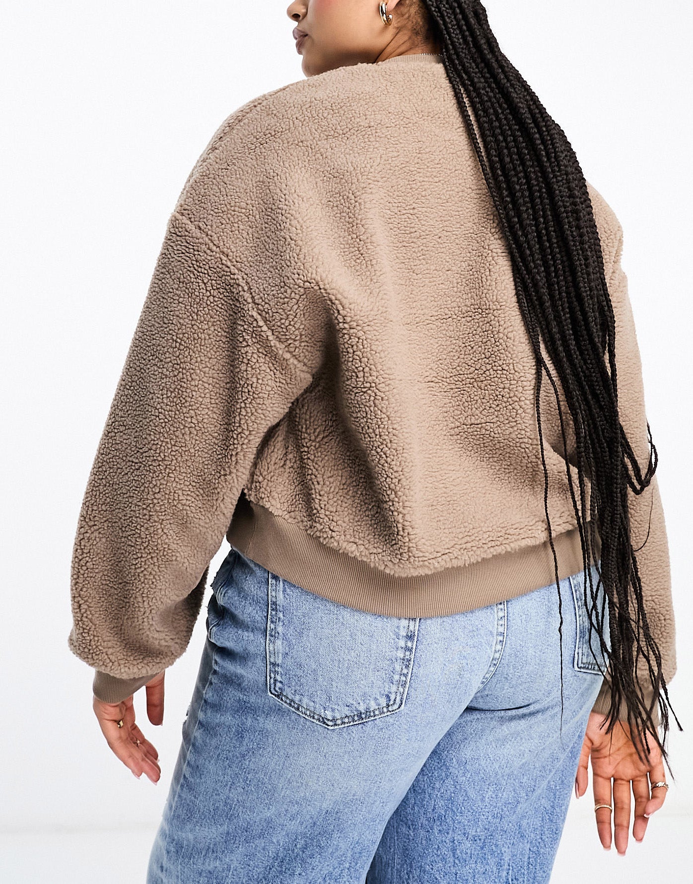 ASOS DESIGN Curve Weekend Collective oversized borg sweatshirt with embroidered logo in taupe