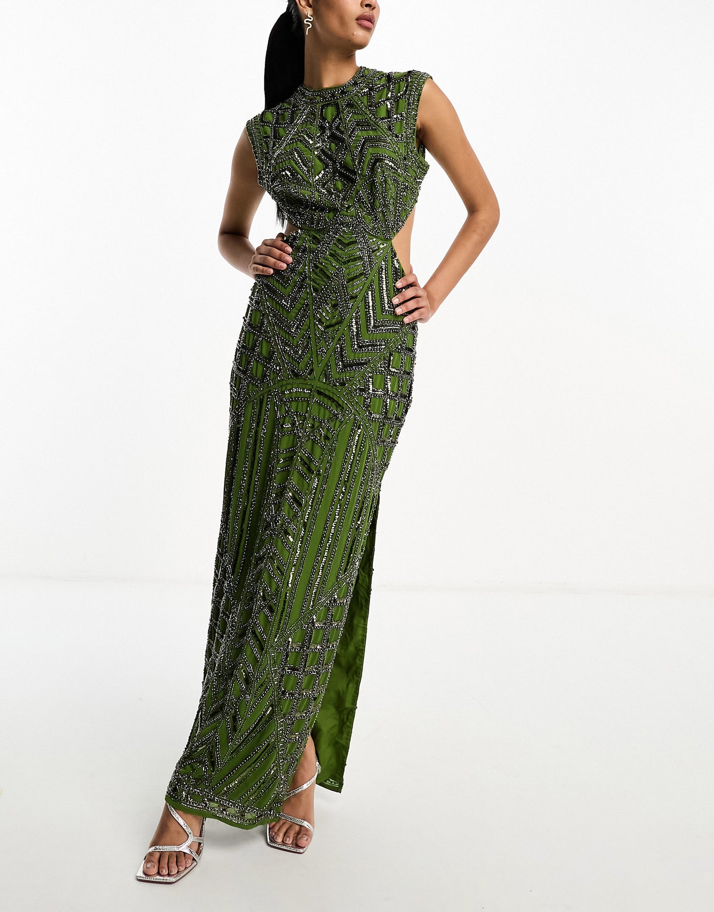 ASOS DESIGN embellished high neck cut out waist maxi dress in green