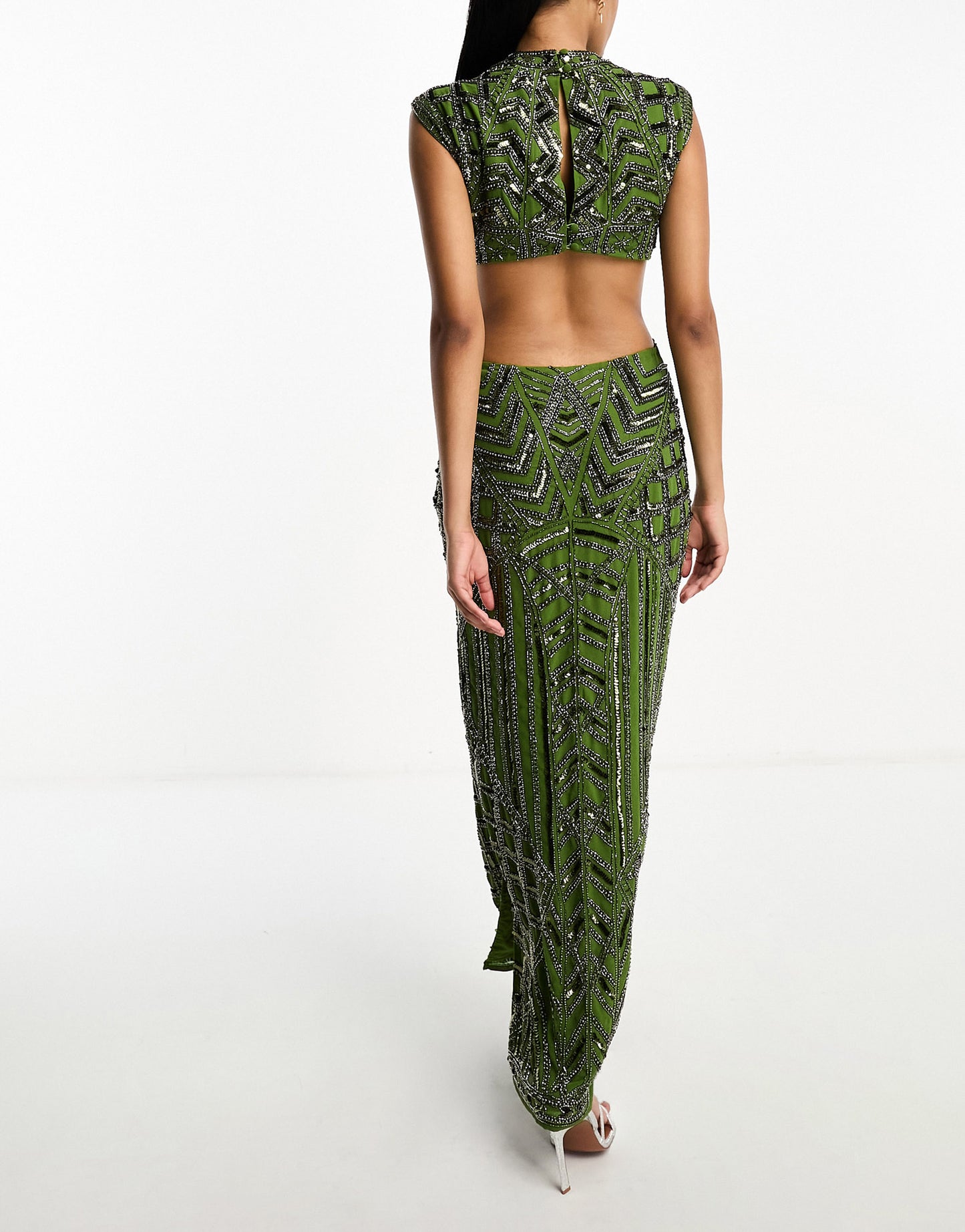 ASOS DESIGN embellished high neck cut out waist maxi dress in green