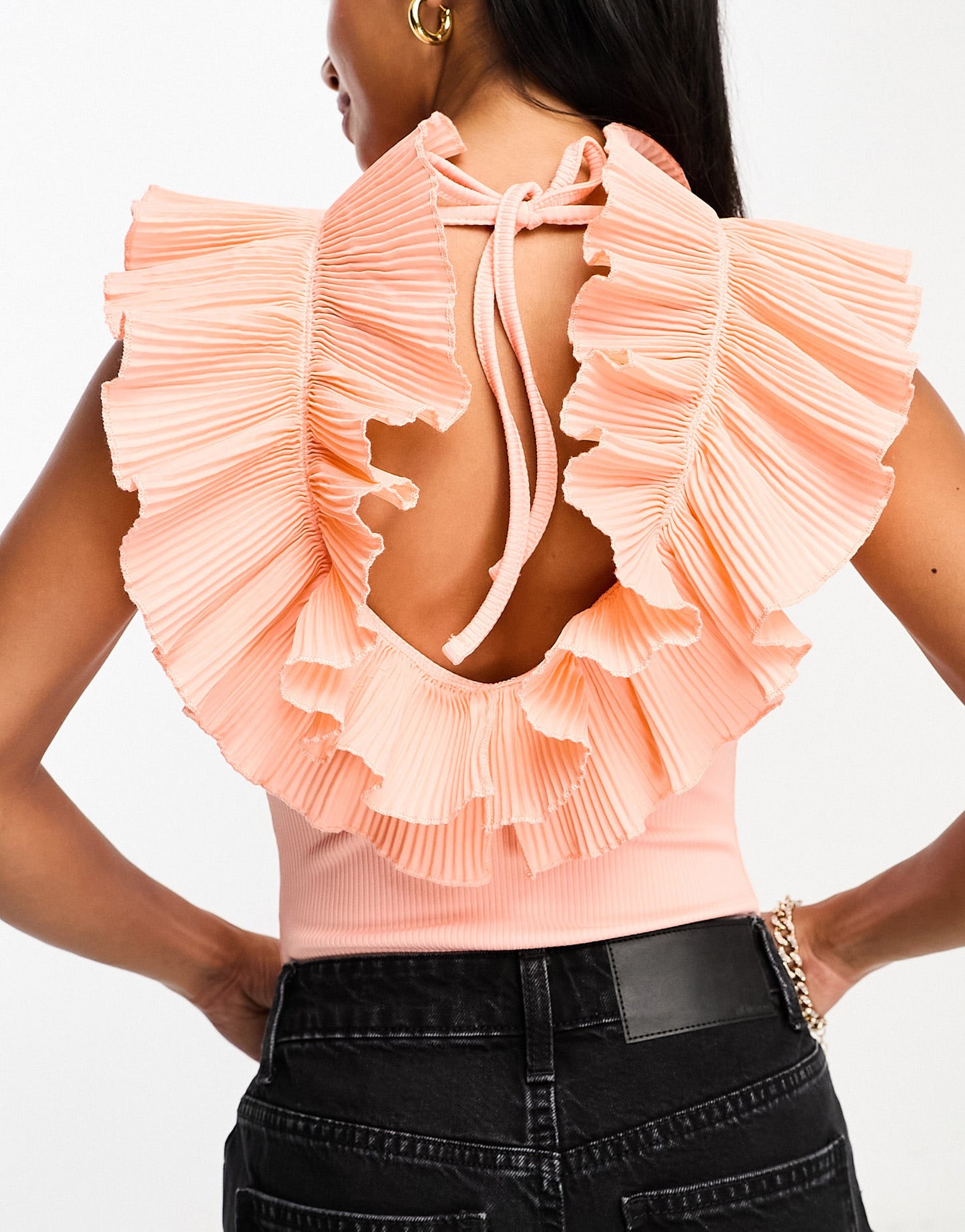 River Island Petite frill neck top in peach