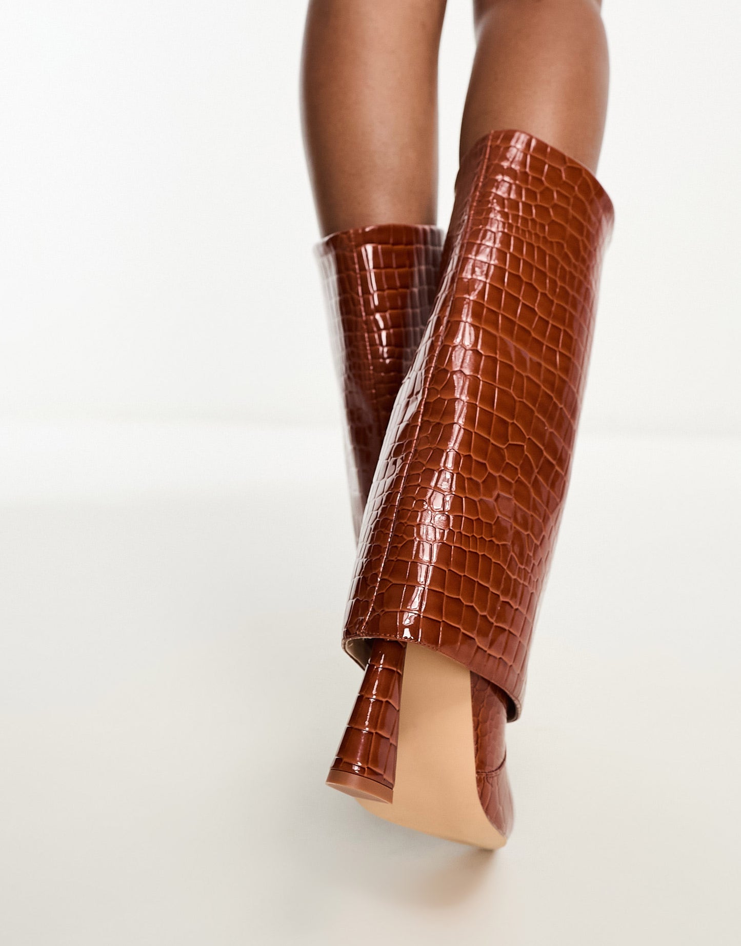 Simmi London Rayan fold over heeled knee boots in tan patent croc