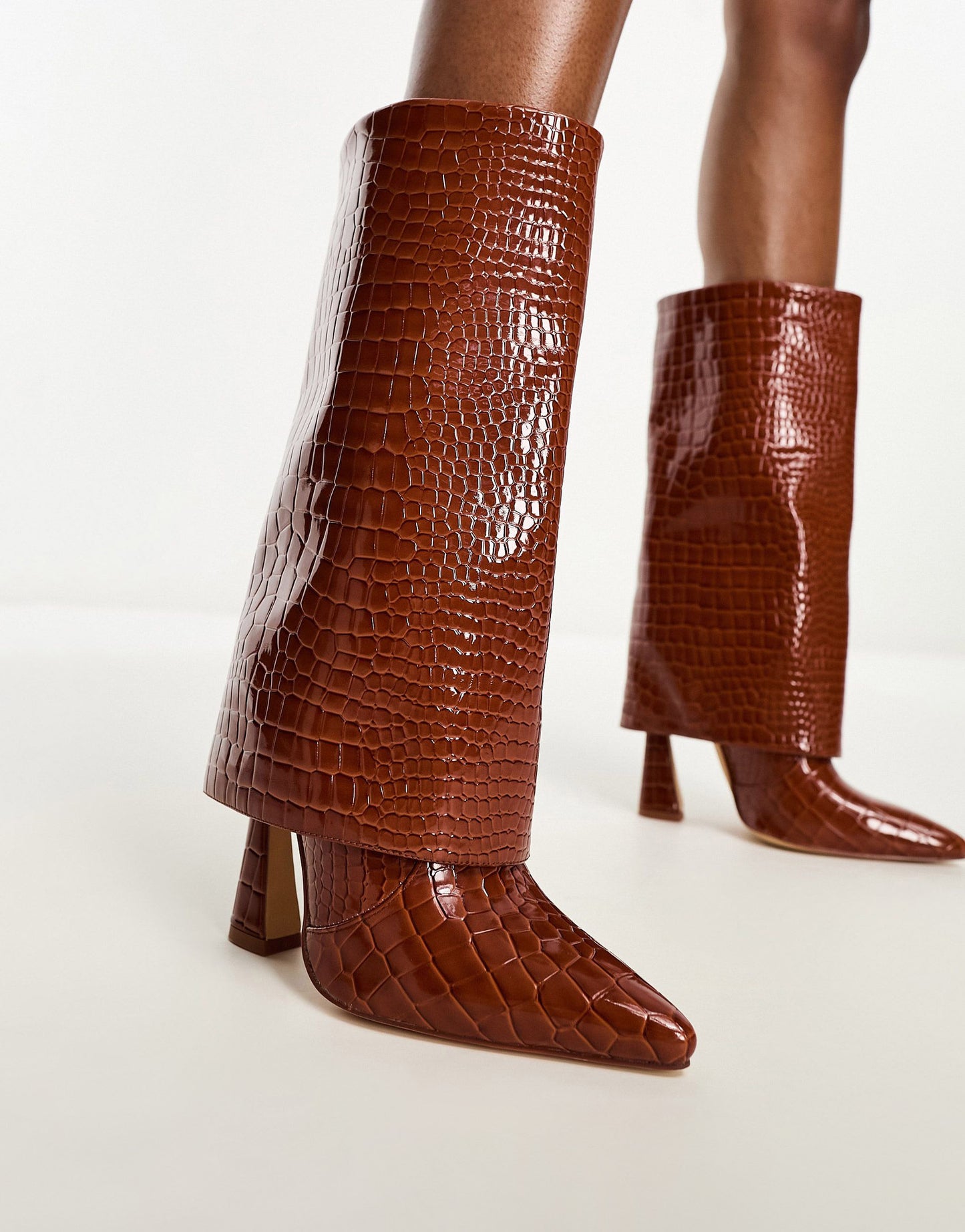 Simmi London Wide Fit Rayan foldover heeled knee boots in tan patent croc