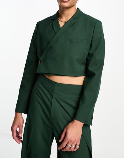 ASOS DESIGN deep wrap suit jacket with half lapel in green