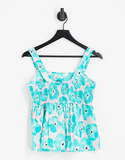 Pieces frill cami top in pink & blue floral