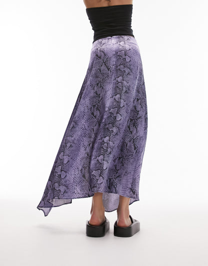 Topshop snake print ruched side midi skirt in purple