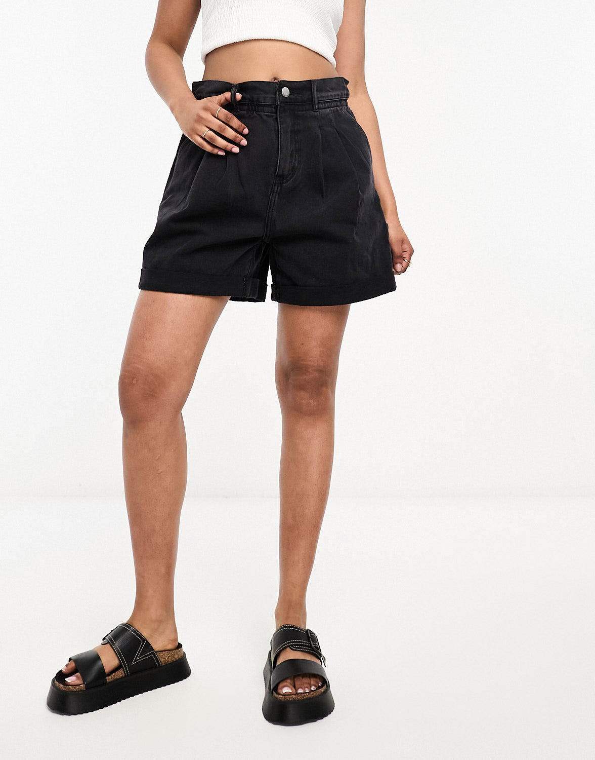 Urban Revivo paper bag waist shorts in black