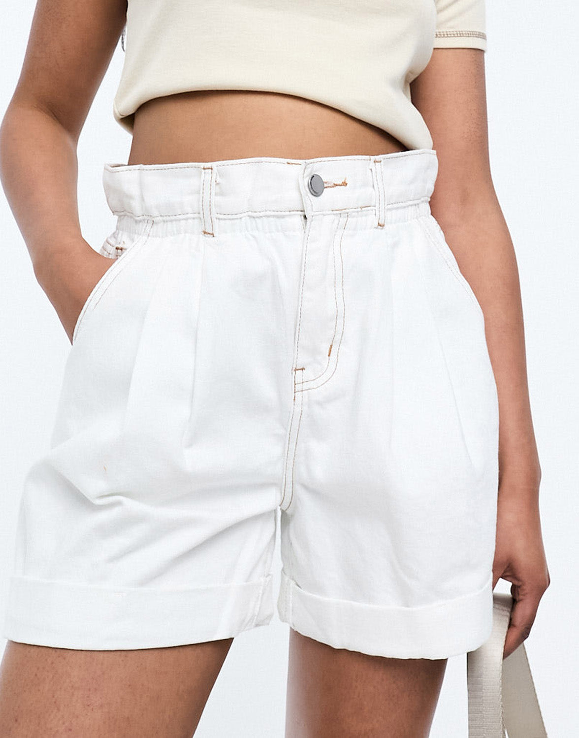 Urban Revivo paper bag waist shorts in white