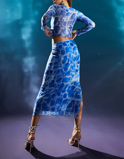 ASOS DESIGN  - The Little Mermaid co-ord mesh skirt in blue ocean print