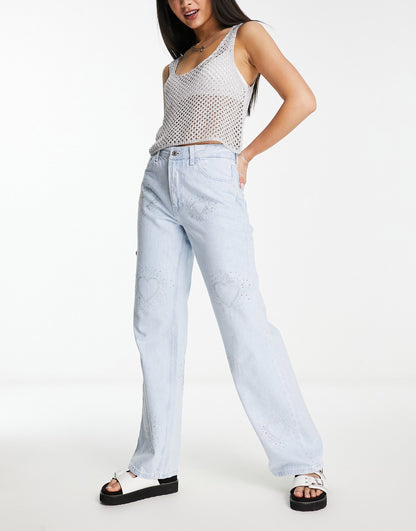 Bershka diamante heart wide leg jeans in bleach wash