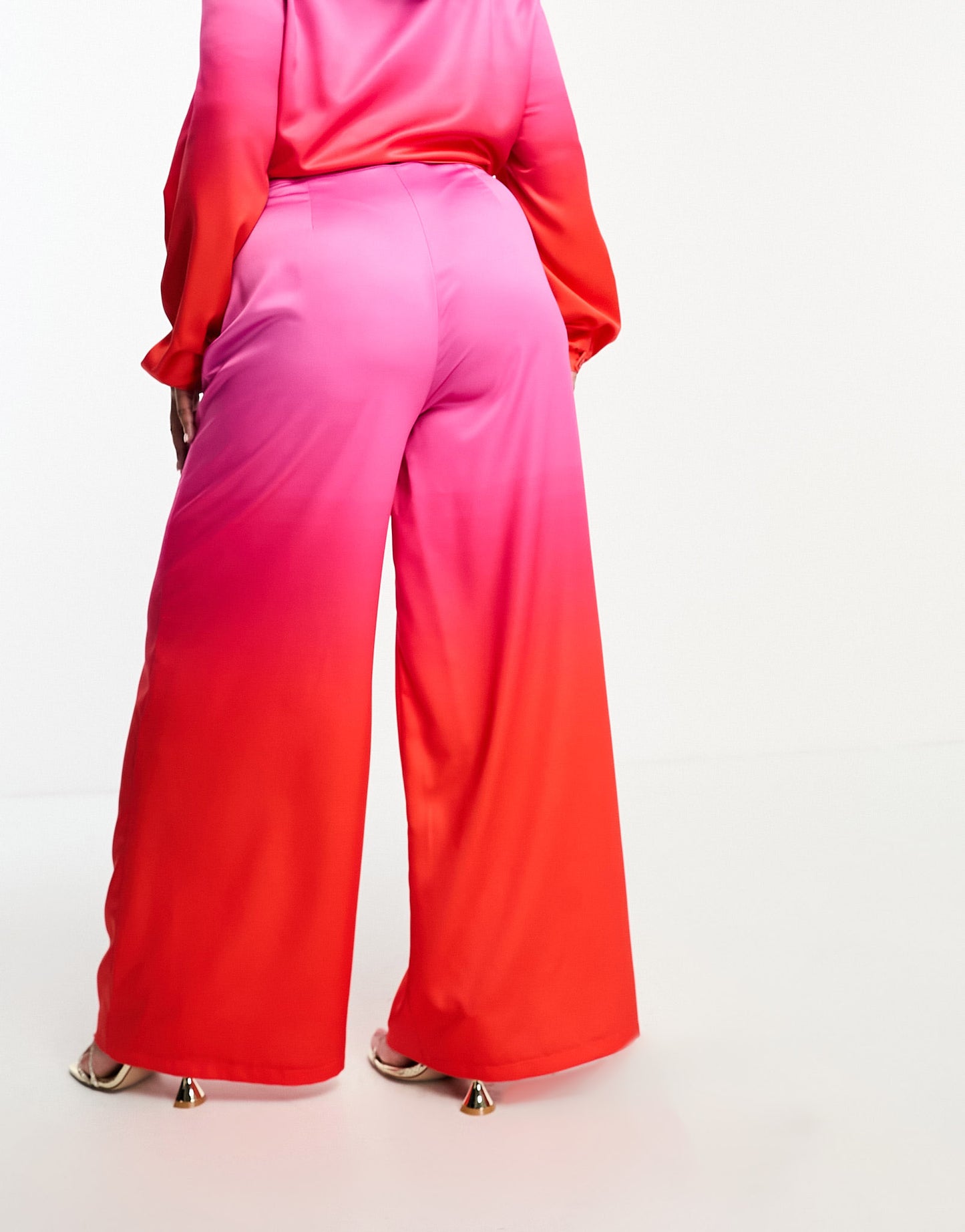 Flounce London Plus pleated wide leg satin trousers in pink and red ombre