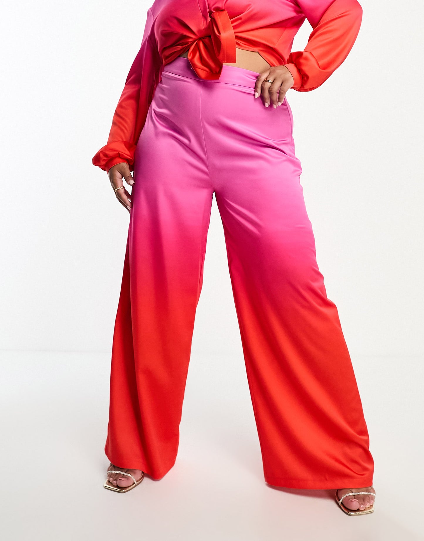 Flounce London Plus pleated wide leg satin trousers in pink and red ombre