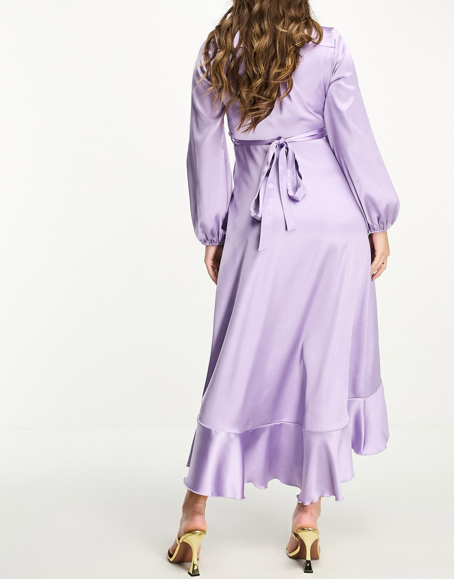 Flounce London Maternity long sleeve satin wrap maxi dress in lavender