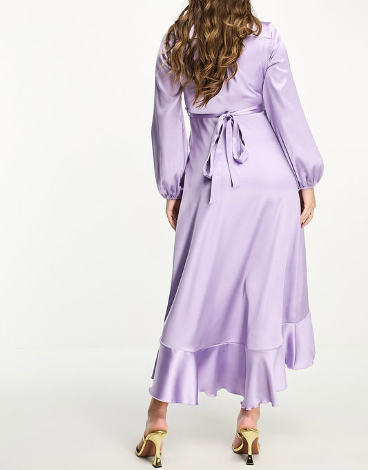 Flounce London Maternity long sleeve satin wrap maxi dress in lavender