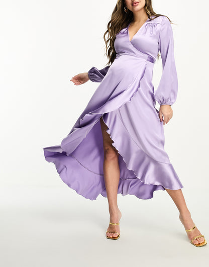 Flounce London Maternity long sleeve satin wrap maxi dress in lavender