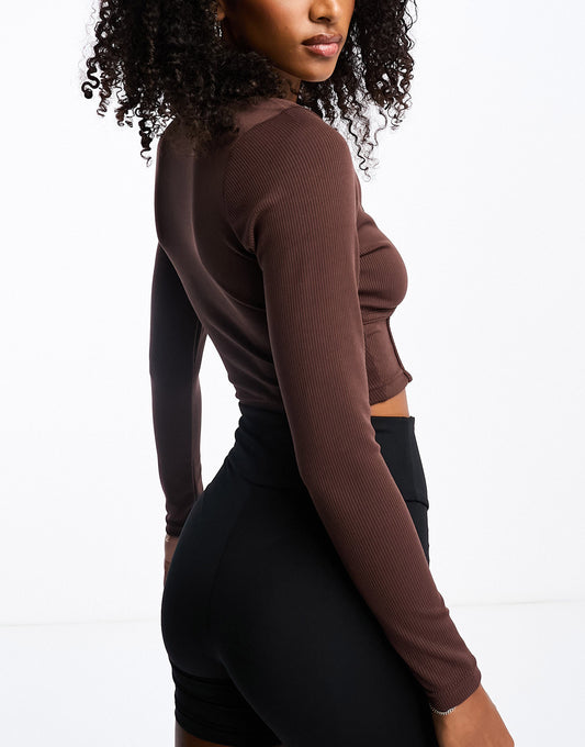 Wednesday's Girl seam detail long sleeve crop top in chocolate brown