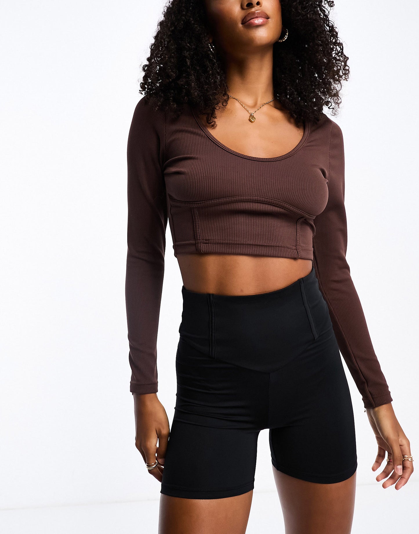 Wednesday's Girl seam detail long sleeve crop top in chocolate brown