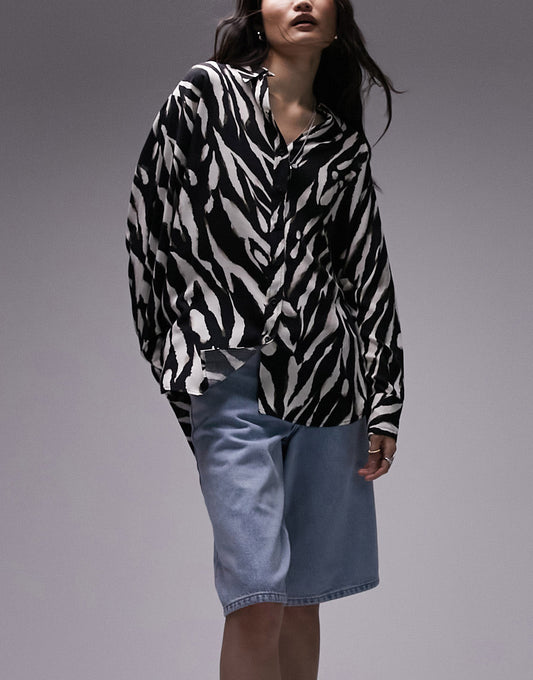 Topshop oversized zebra printed shirt in monochrome