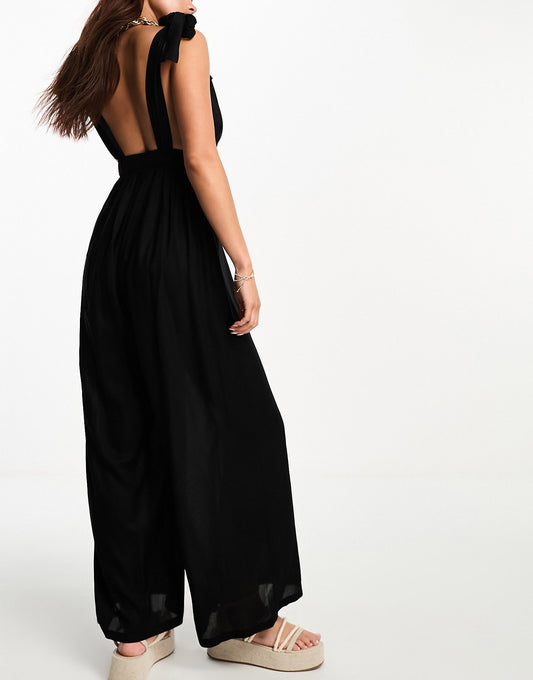 Esmee beach shoulder tie jumpsuit with elasticated waist in black