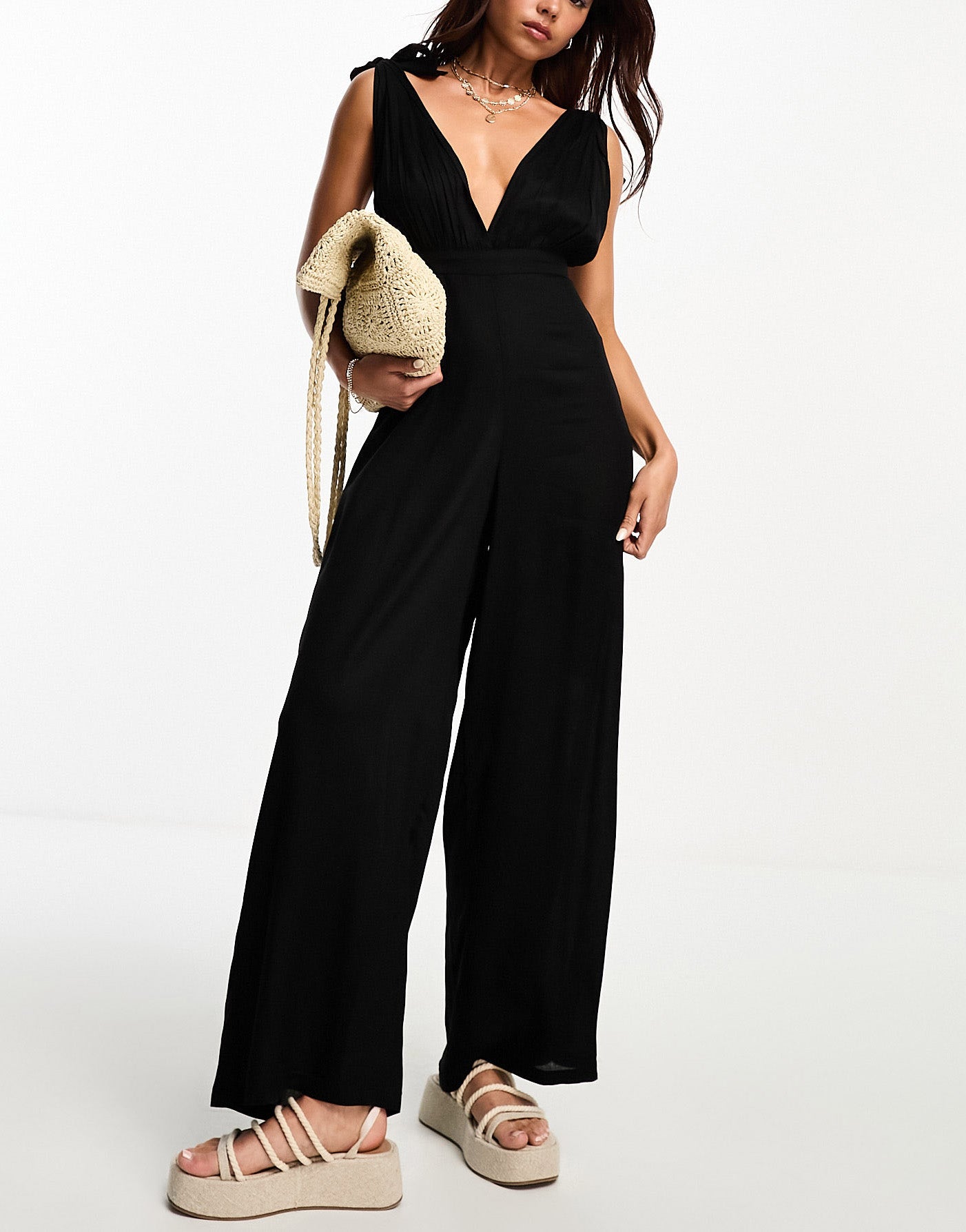 Esmee beach shoulder tie jumpsuit with elasticated waist in black