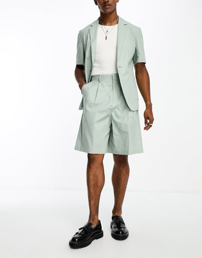 ASOS DESIGN bermuda linen mix suit short in sage