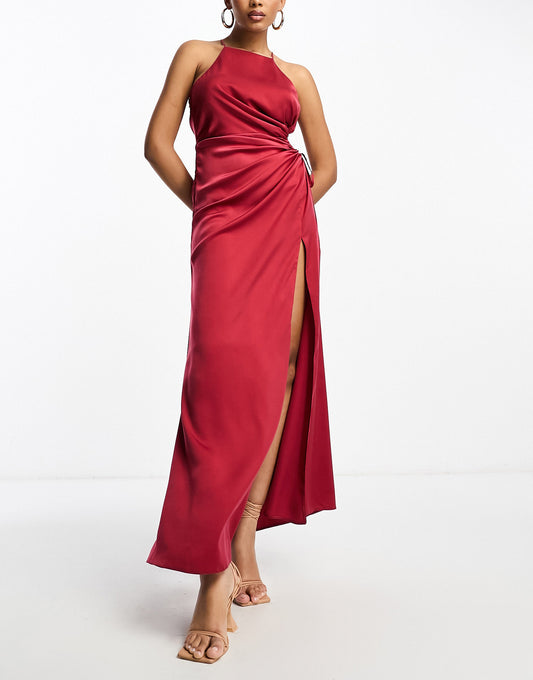 ASOS DESIGN satin halterneck maxi dress with ruched cut out waist detail in wine