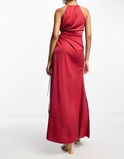 ASOS DESIGN satin halterneck maxi dress with ruched cut out waist detail in wine