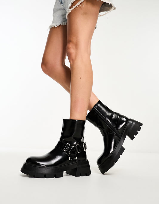 Public Desire Blizzard harness biker boots in black