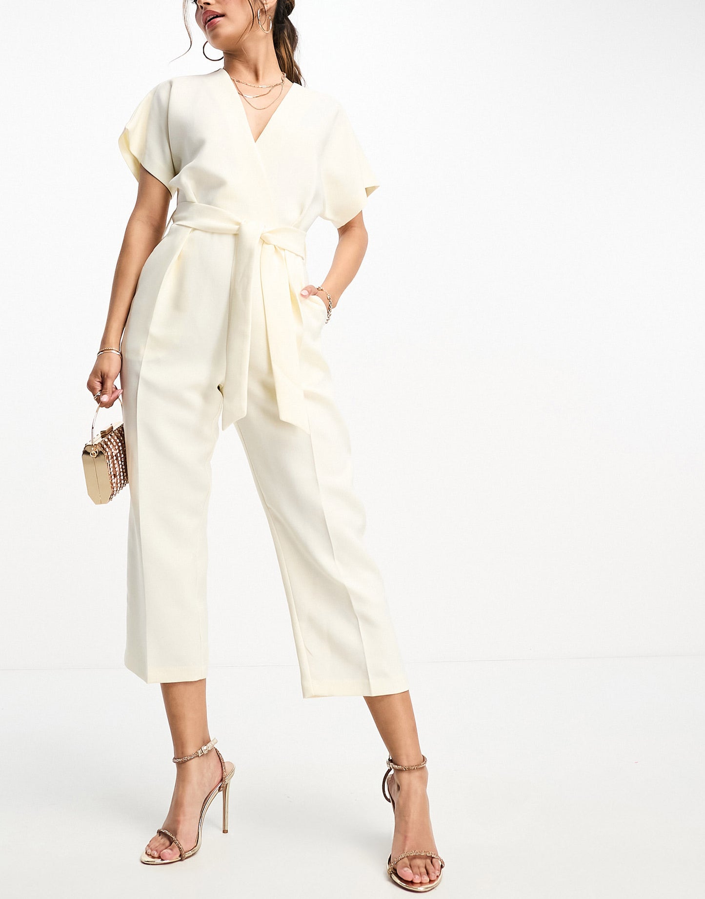 Closet London tie waist kimono jumpsuit in ivory