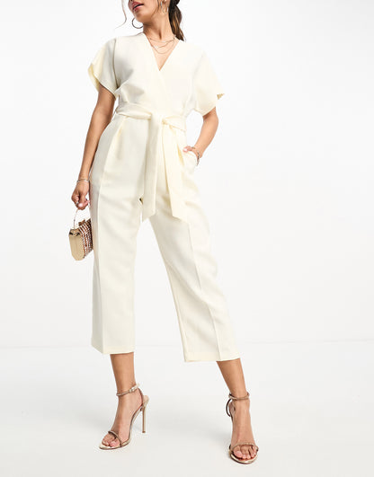 Closet London tie waist kimono jumpsuit in ivory