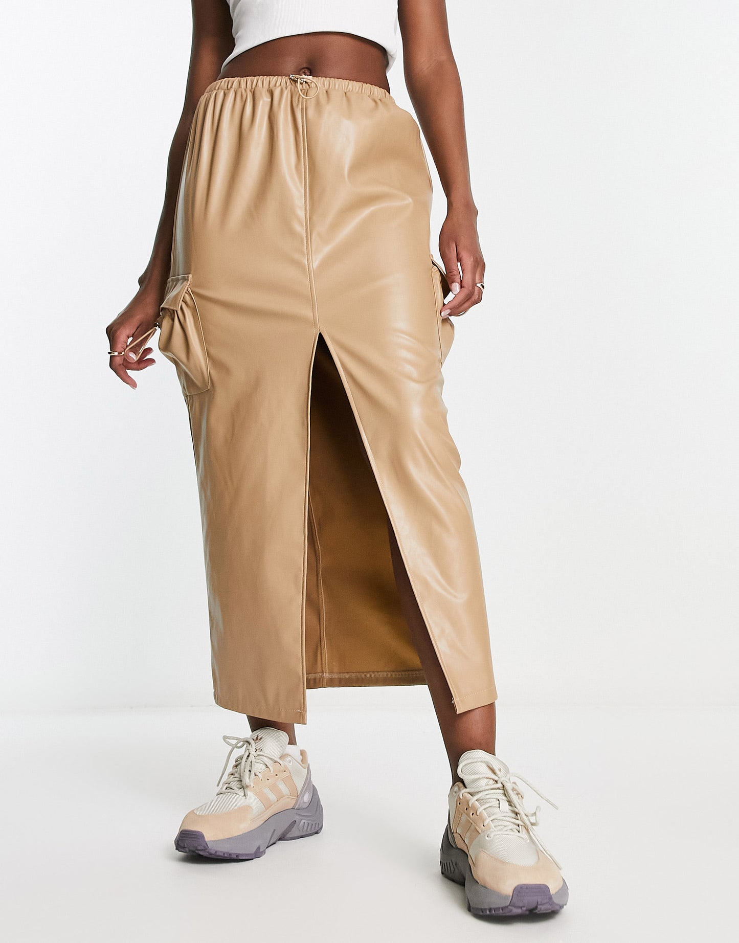 Kaiia leather look cargo midi skirt in camel