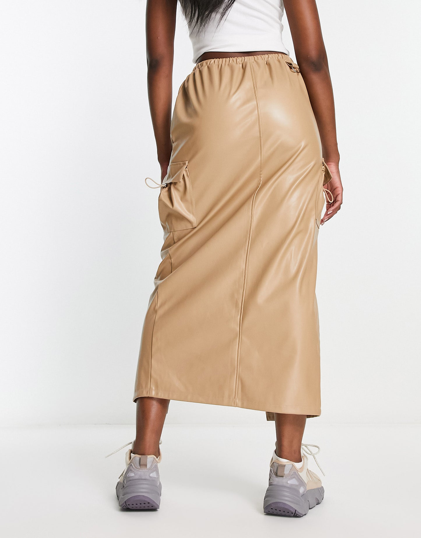 Kaiia leather look cargo midi skirt in camel