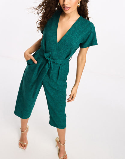 Closet London Petite tie waist kimono jumpsuit in emerald