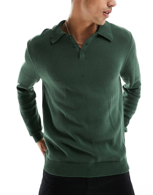 ASOS DESIGN midweight cotton knitted polo jumper in green