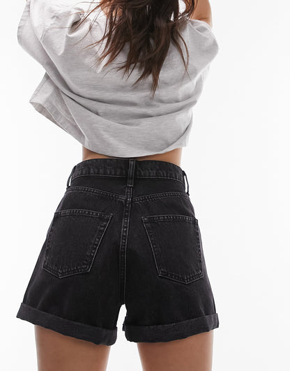 Topshop denim roll hem short in washed black