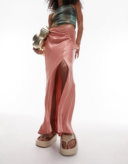 Topshop ruched side maxi skirt in rose