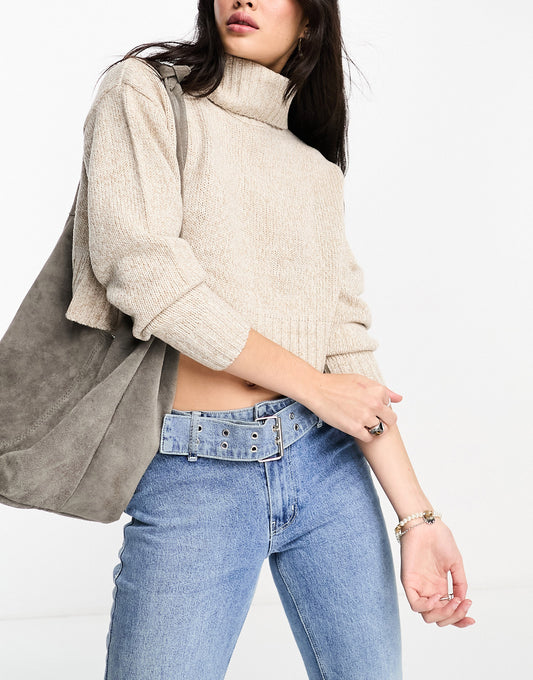 Brave Soul high neck cropped jumper in biscuit