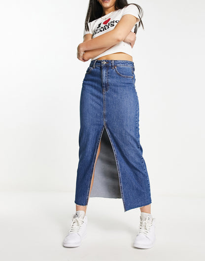 Stradivarius denim midi skirt with stretch in washed blue