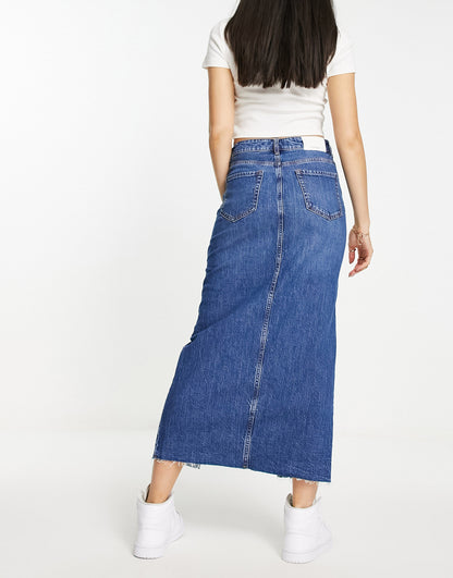 Stradivarius denim midi skirt with stretch in washed blue